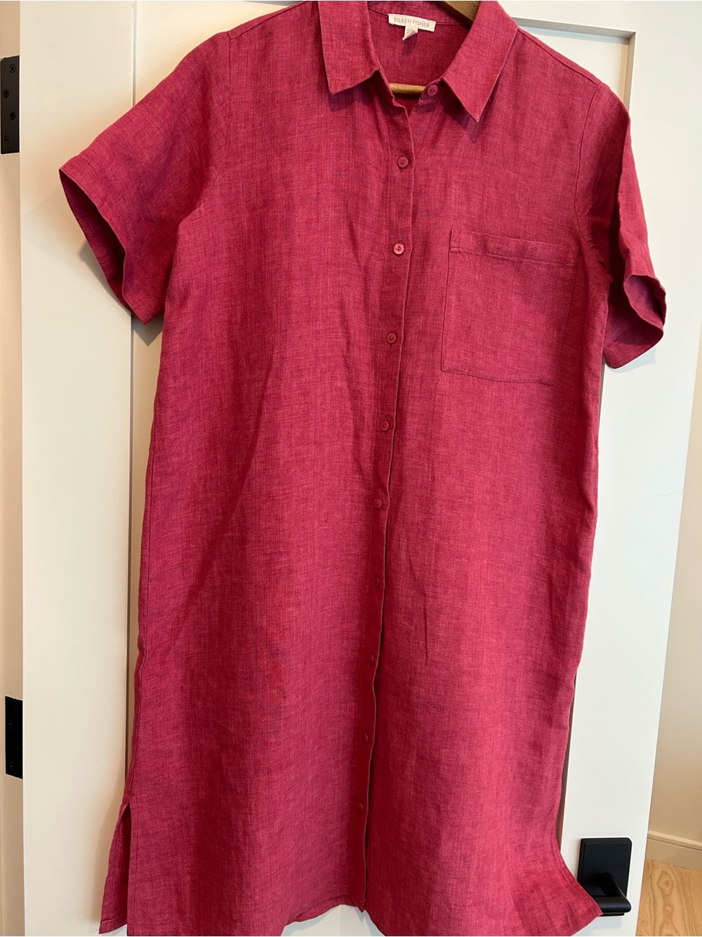 Eileen Fisher Short-Sleeve Linen Shirt Dress in Berry Red